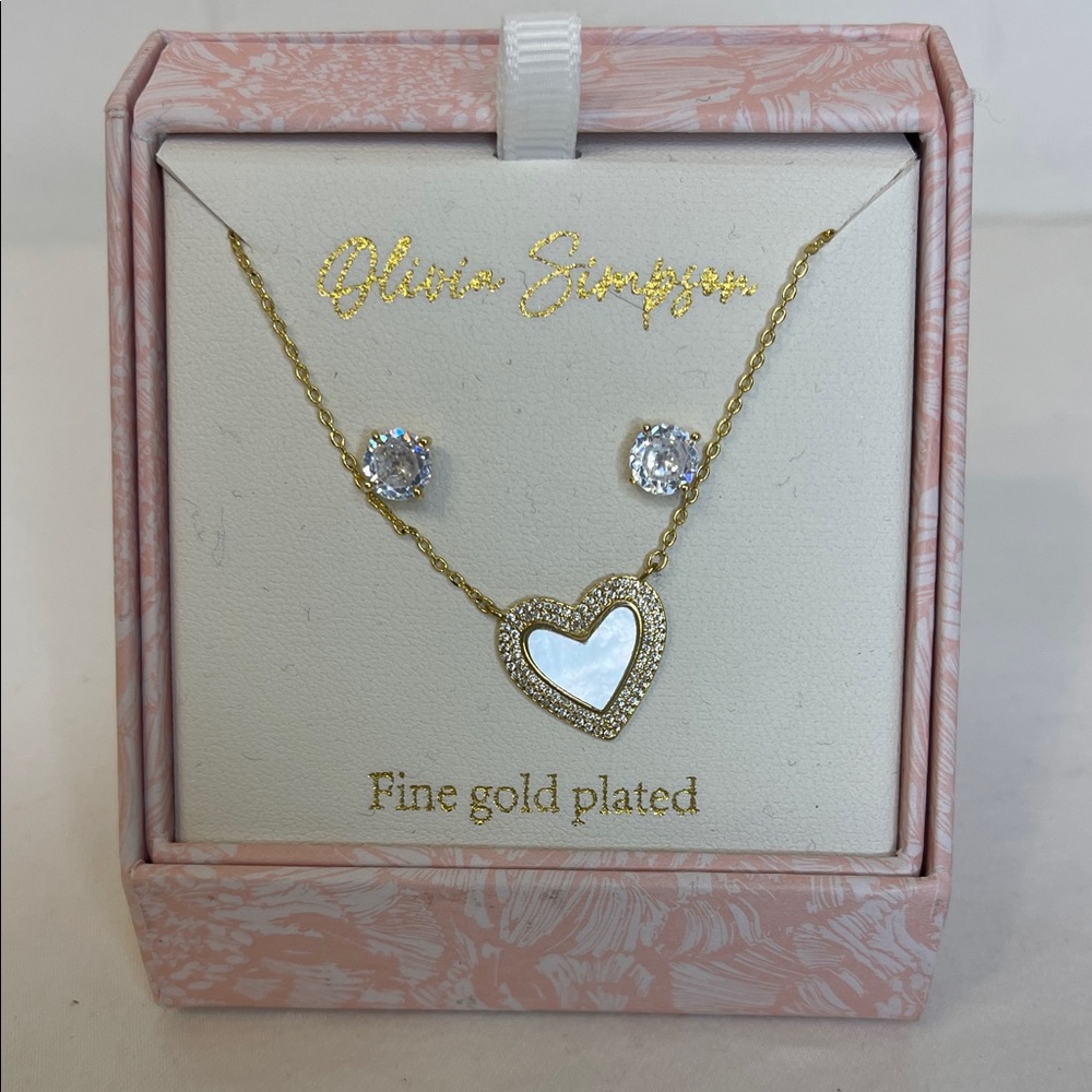 Olivia Simpson Gold Heart Necklace & Rhinestone Earrings NWT
